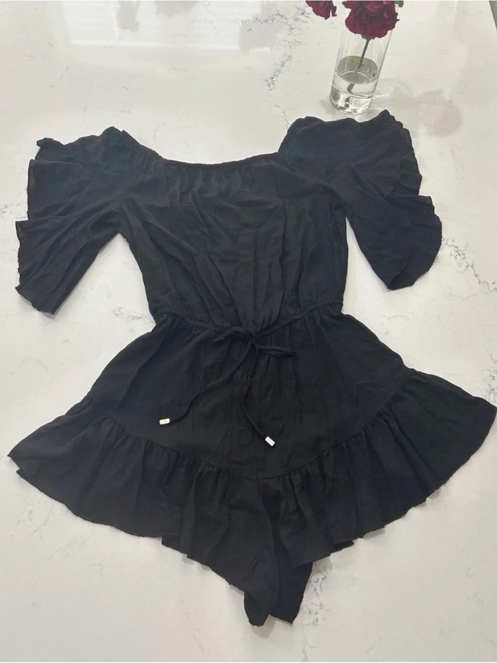 Venus Black Off-the-Shoulder Ruffle Hem Romper Size M